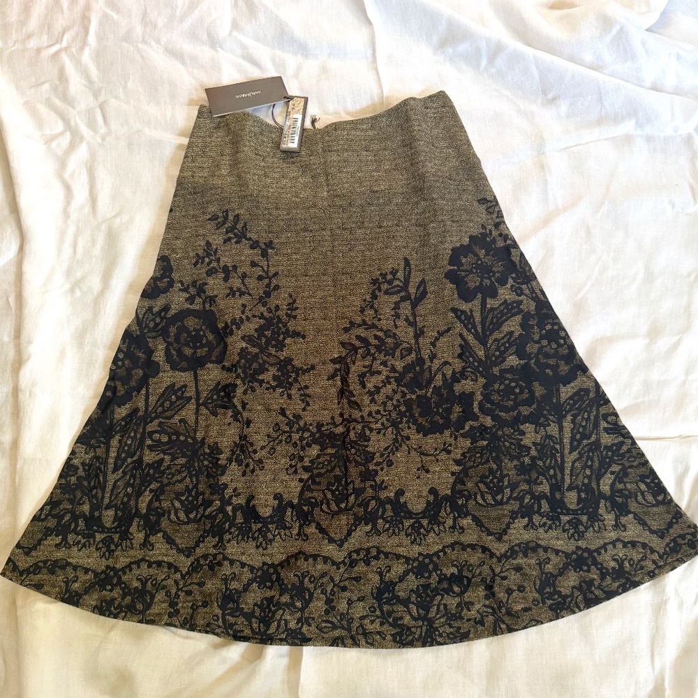 NWT MALIPARMI Skirt Midi Floral Black Light Brown A-line Zipper SZ 42/10 Italy